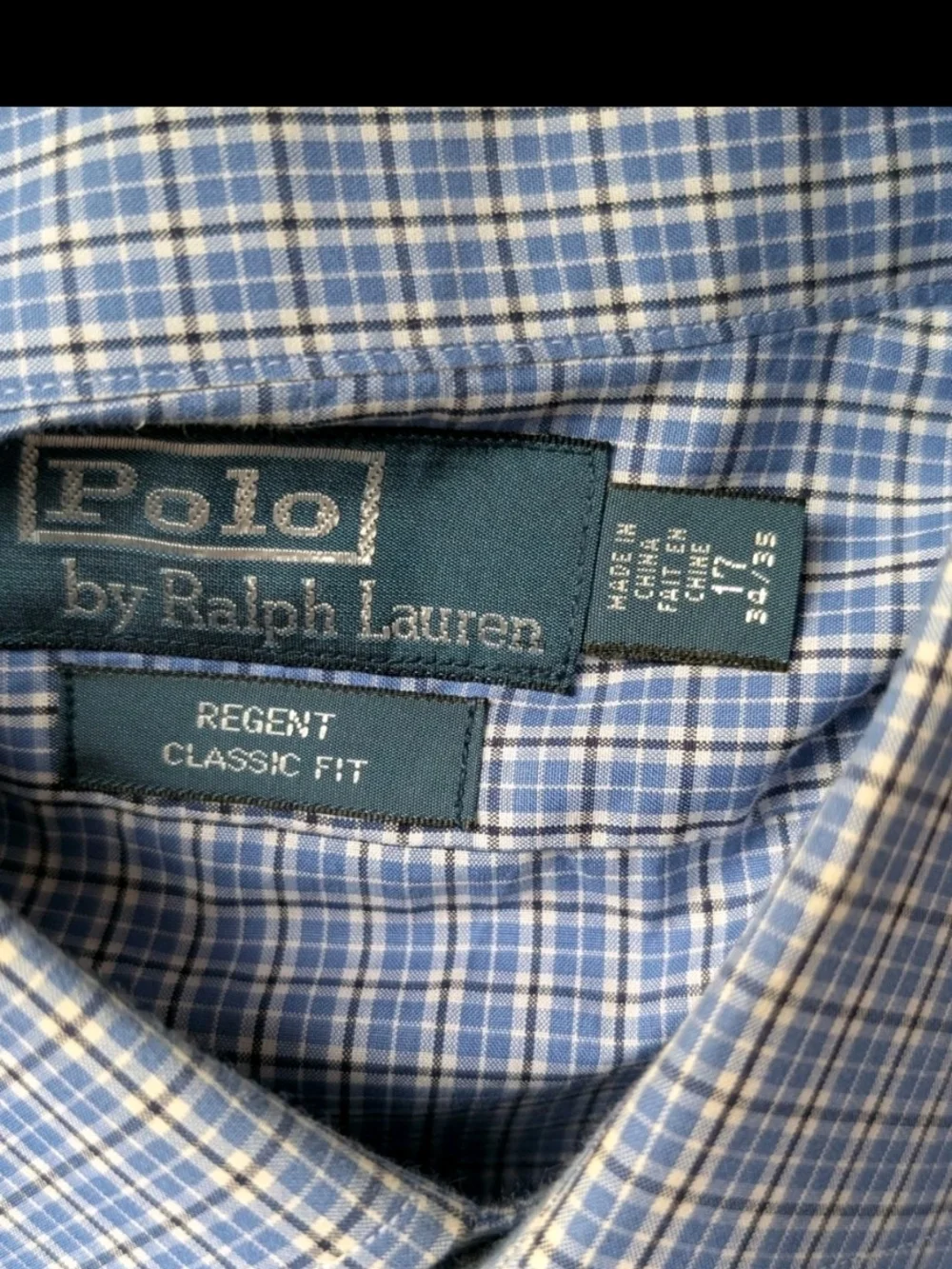 Polo Ralph Lauren Regent Shirt Mens 17 34/35 Classic Fit Blue Plaid Cotton